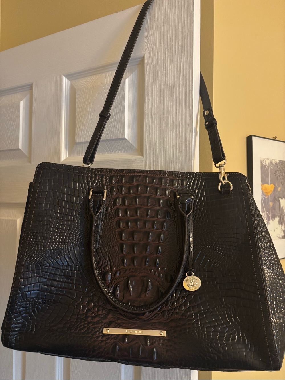 Croc-Texture Tote Bag in Dark Brown with Gold Hardware